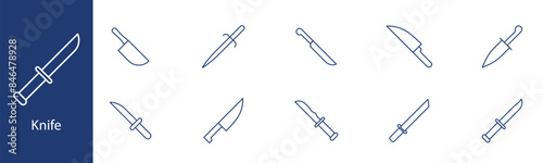 Knife set icon. Various knife types, kitchen, chef, utility, hunting, tactical, pocket, combat. Cutting tools, culinary, outdoor activities, self-defense concept.