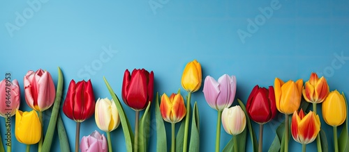 In springtime vibrant tulips of various hues bloom beautifully against a captivating blue backdrop creating a visually stunning copy space image © Gular