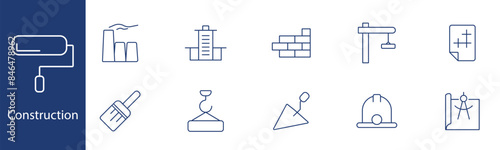 Construction set icon. Factory, building, bricks, crane, blueprint, trowel, hard hat, plan. Construction work, architecture, civil engineering, building project concept.