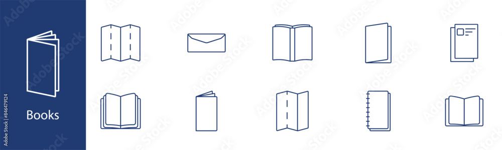 Books set icon. Open book, notebook, folder, letter, envelope. Reading, writing, education, literature concept. Books set icon. Open book, notebook, folder, letter, envelope. Reading, writing, education, literature concept.