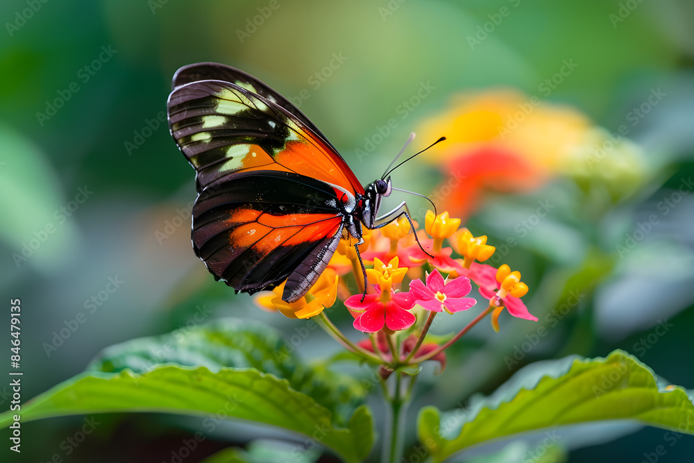 Close-up of a Butterfly with Vibrant Orange and Black Wings Feeding on Colorful Flowers in a Green Garden Close-up of a Butterfly with Vibrant Orange and Black Wings Feeding on Colorful Flowers in a Green Garden