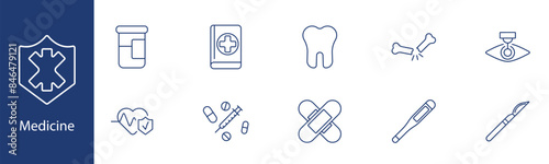Medicine set icon. Prescription, first aid, dental care, bone, eye drop, heart monitor, syringe, bandage, thermometer, scalpel. Healthcare, medical treatment, diagnostics concept.