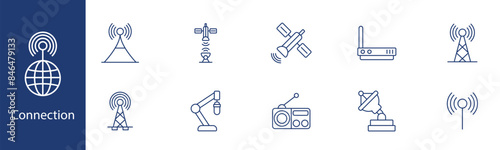 Connection set icon. Satellite, radio tower, wifi, globe, antenna. Communication, wireless signal, network, data transmission concept.
