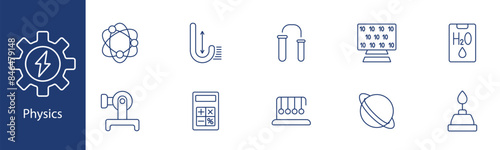 Physics set icon. Atom, magnet, calculator, Newton's cradle, planet. Science, research, experiments, physical laws concept.