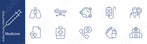 Medicine set icon. Lungs, stretcher, virus, IV drip, doctor, hospital, healthcare, medication. Medical treatment, diagnostics, patient care concept.