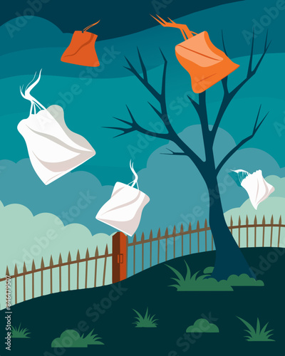 Plastic grocery bags blowing in the wind caught on tree branches and fences creating a strange and unsettling landscape.. Vector illustration
