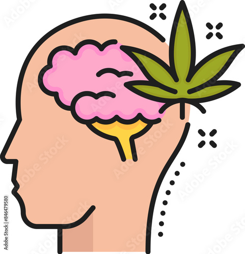 Medical cannabis mental health color line icon. Medicine cannabis drug linear icon, medical weed plant or natural marijuana product outline vector sign or pictogram with human head and brain