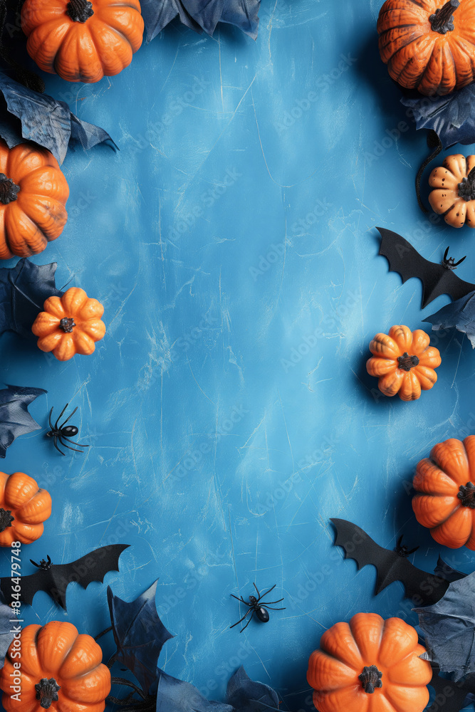 Halloween pumpkins and bats on a blue background, perfect for spooky and festive Halloween decorations. Copy space. Flat lay. Top view Halloween pumpkins and bats on a blue background, perfect for spooky and festive Halloween decorations. Copy space. Flat lay. Top view