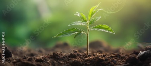 Early in the spring a small marijuana plant with medicinal properties sprouted from the ground its green sprout symbolizing the beginning of the cannabis breeding process Copy space image photo