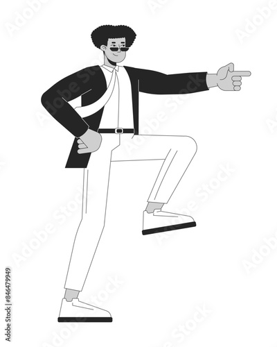 Confident latin american man showing direction 2D linear cartoon character. Hispanic businessman choosing way isolated vector outline person. Leadership monochromatic flat spot illustration