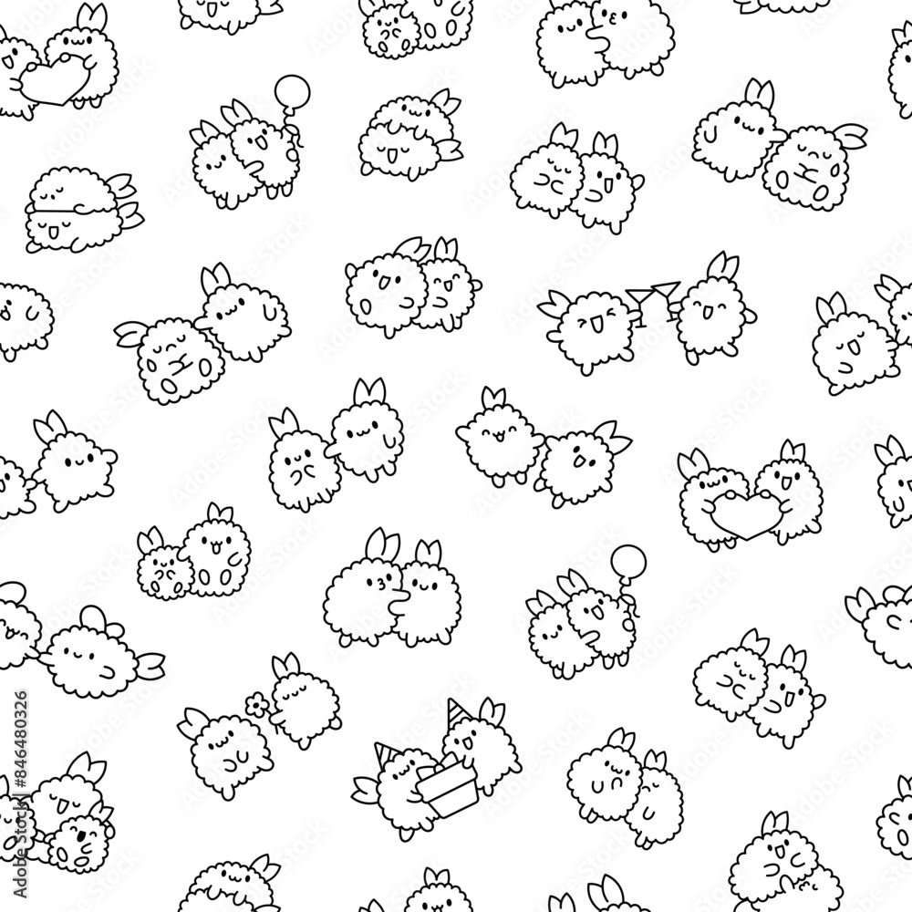 Obraz premium Cute couple fried shrimp tempura. Seamless pattern. Coloring Page. Japanese food characters. Hand drawn style. Vector drawing. Design ornaments.