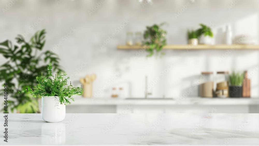 Blurred white kitchen interior with marble countertop and potted green plant on the table in front view. Blurred white kitchen interior with marble countertop and potted green plant on the table in front view.