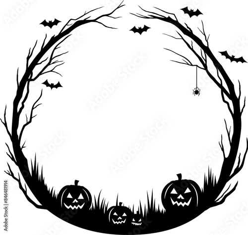 Halloween black frame with pumpkins, bats and spider on cobweb in forest tree border, vector silhouette. Halloween holiday greeting card frame with scary spooky lantern pumpkins and haunted forest