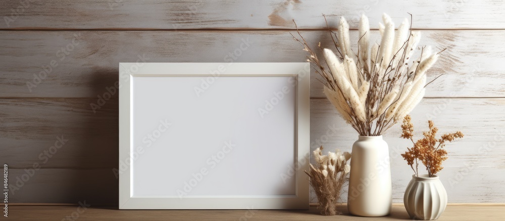 Obraz premium Photo frame mockup space copy background with dried flowers bouquet home decoration on wooden background