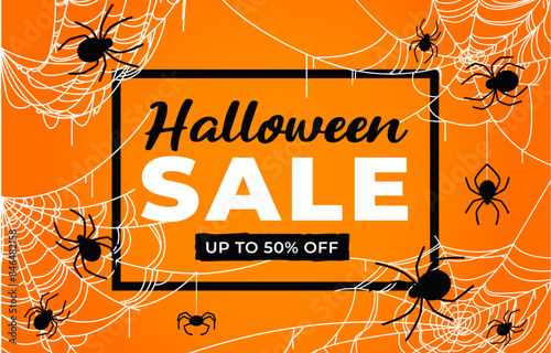 Halloween sale banner, spiders and cobweb holiday decorations. Vector promo background or coupon for autumn discount offer. Advertisement card with scratchy strokes and eerie arachnids on spiderwebs