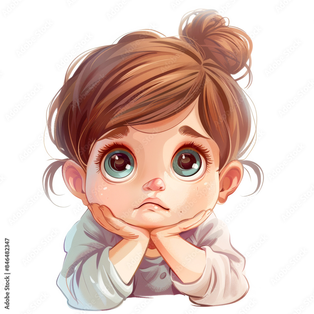 Cute cartoon girl with brown hair and buns, smiling and looking upwards. Cute cartoon girl with brown hair and buns, smiling and looking upwards.