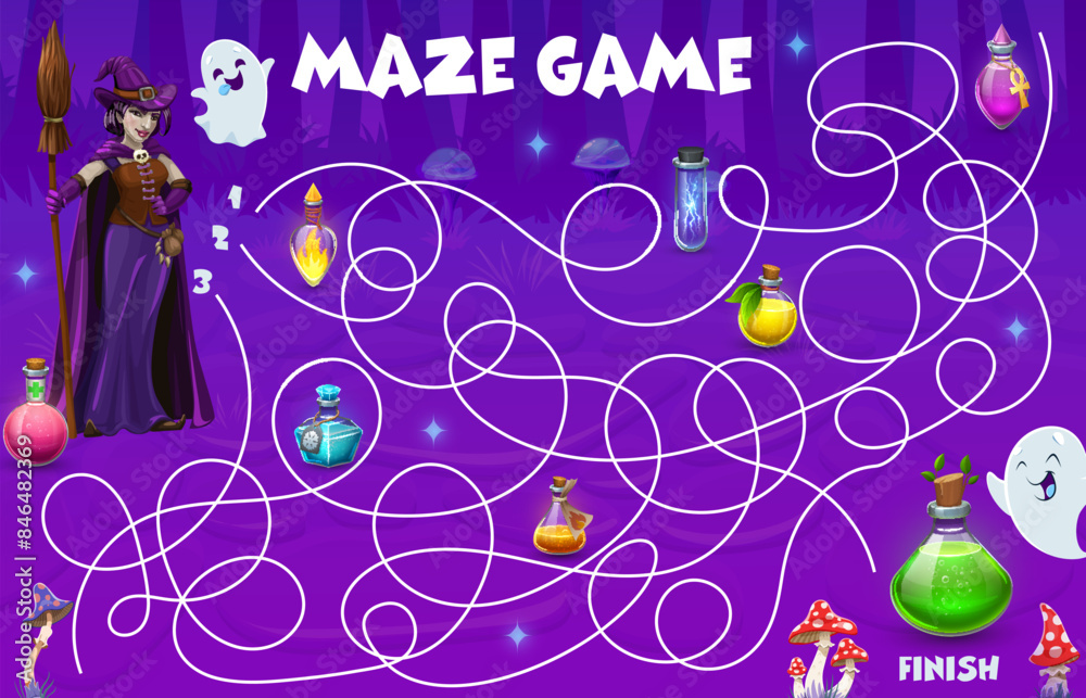 Fototapeta premium Halloween labyrinth maze, help to witch find magic potion bottle, vector game worksheet. Kids cartoon puzzle to help to witch find way to magic elixir potion bottles in forest labyrinth maze
