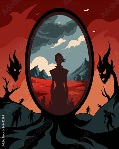 The mirror showing them as a dark twisted version of themselves surrounded by a chaotic hellish landscape.. Vector illustration