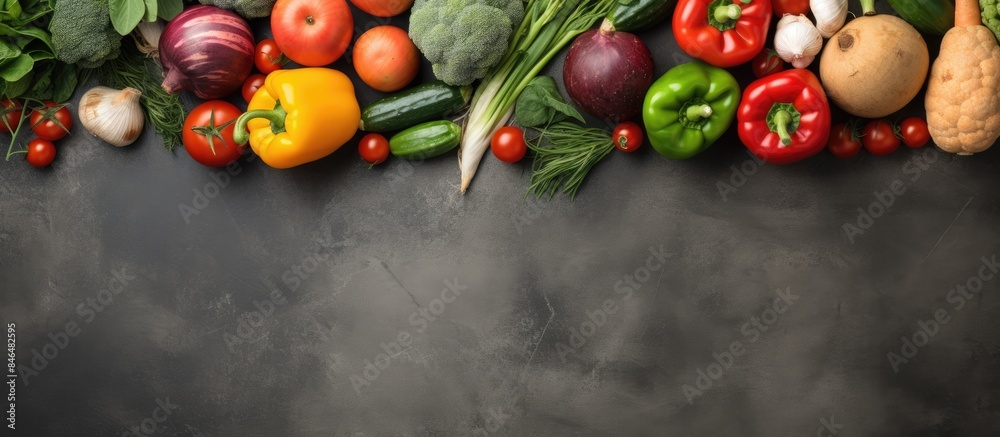 Top view of a baking tray filled with fresh organic vegetables representing a healthy vegan food concept The background is a stone concrete cooking surface providing copy space for images