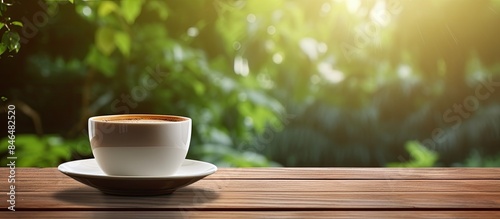 Coffee cup placed on the wooden surface with a blurred background providing ample space for showcasing any desired image