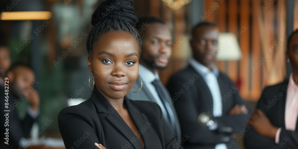 Confident businesswoman leads diverse team in successful corporate meeting, fostering teamwork and cooperation for mutual success Confident businesswoman leads diverse team in successful corporate meeting, fostering teamwork and cooperation for mutual success