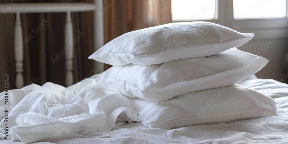 In a luxurious bedroom, a stack of clean, white bedding and pillows promises comfortable relaxation In a luxurious bedroom, a stack of clean, white bedding and pillows promises comfortable relaxation
