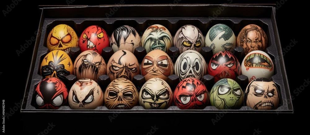 Hand painted eggs with faces drawn arranged in a carton resemble graffiti art The eggs are displayed in an egg box against a black background creating a copy space image Hand painted eggs with faces drawn arranged in a carton resemble graffiti art The eggs are displayed in an egg box against a black background creating a copy space image