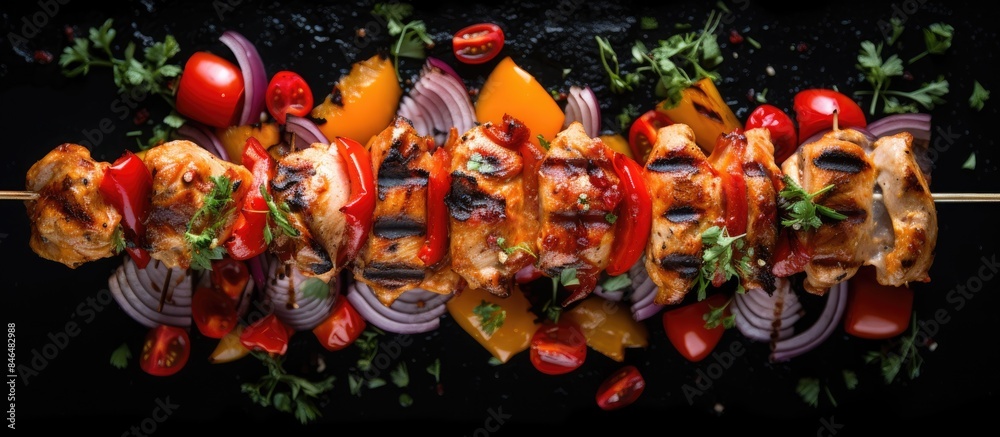 Top down copy space image of grilled chicken skewers vegetables and sauce on a black background perfect for including text