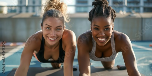 Two athletic women exercise together, performing a plank outdoors, embodying strength and camaraderie in sportswear