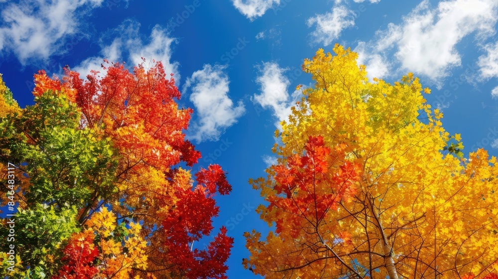 Vibrant red yellow and green autumn trees set against a blue sky landscape Vibrant red yellow and green autumn trees set against a blue sky landscape