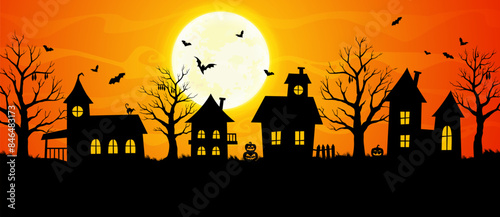 Silhouette of halloween town. Eerie shadows cast upon a cityscape with crooked spires, haunted houses and a foreboding moon. Sinister darkened shapes hint at supernatural secrets in the spectral night