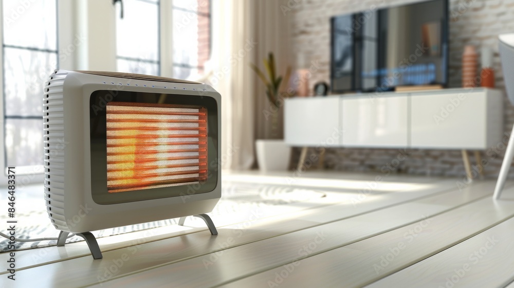 Fototapeta premium Modern electric fan heater on the floor in the room, space for text. Portable heater. Autumn concept and technology, air heater in the house.
