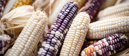 White and Purple Corn Top View with Blurry Copy Space