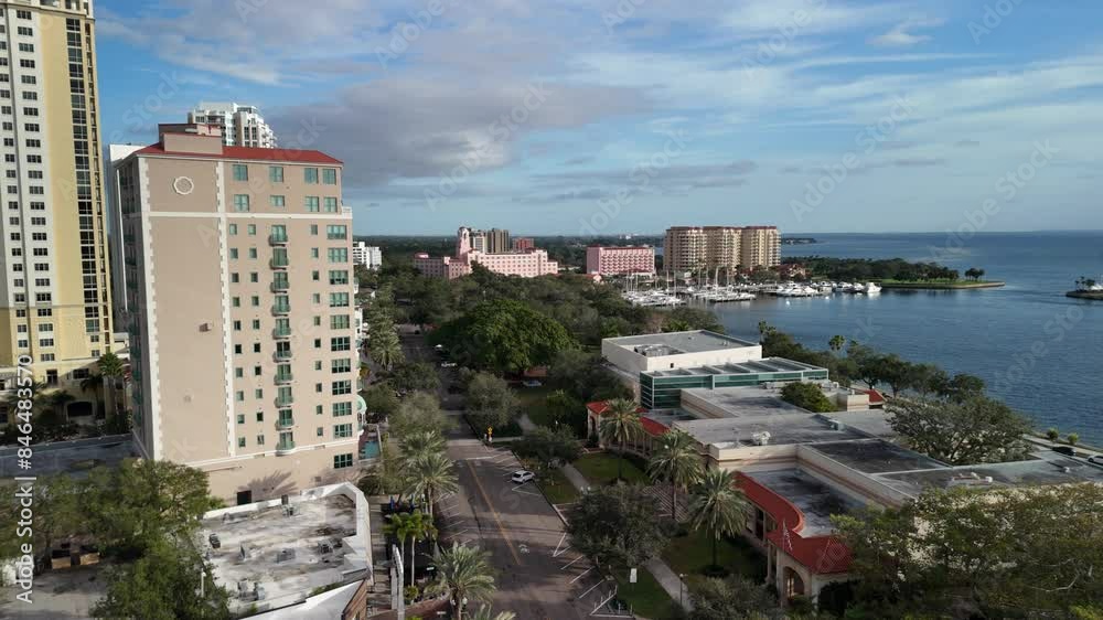Drone shot of the coastal buildings on the 5th Ave NE on a sunny day in St. Petersburg, Florida, USA