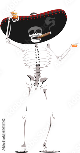 Halloween skeleton in sombrero drinking whiskey. Mexican Day of the Dead holiday funny personage, Halloween creepy character, spooky skeleton weaning wide sombrero, smoking cigar, drinking alcohol photo