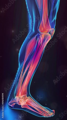 x-ray image of a muscular leg with highlighted quadriceps femoris group. showing the muscle fibers. blank and plain at the background 