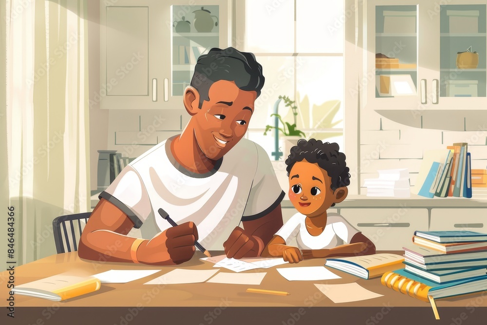 Father Helping Son with Homework at Home Father Helping Son with Homework at Home