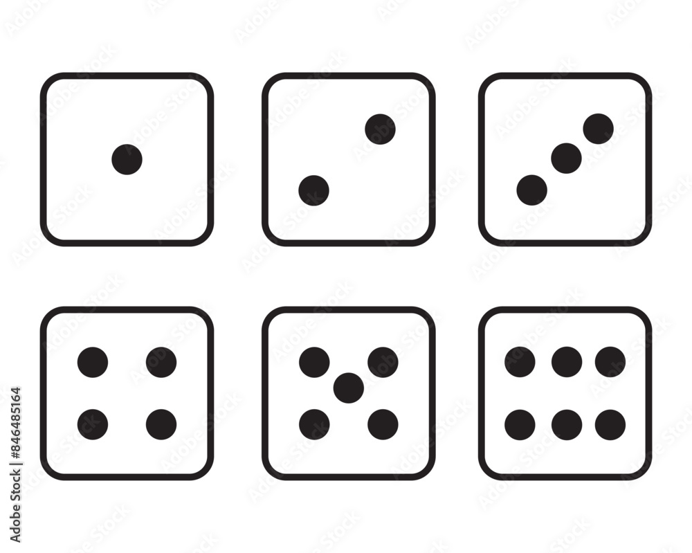 Bones. Game dice set isolated on white background. Bones in flat and linear design from one to six. Bones. Game dice set isolated on white background. Bones in flat and linear design from one to six.