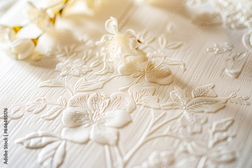 Luxurious ivory embossed floral design on a textured surface, highlighting craftsmanship. Luxurious ivory embossed floral design on a textured surface, highlighting craftsmanship.