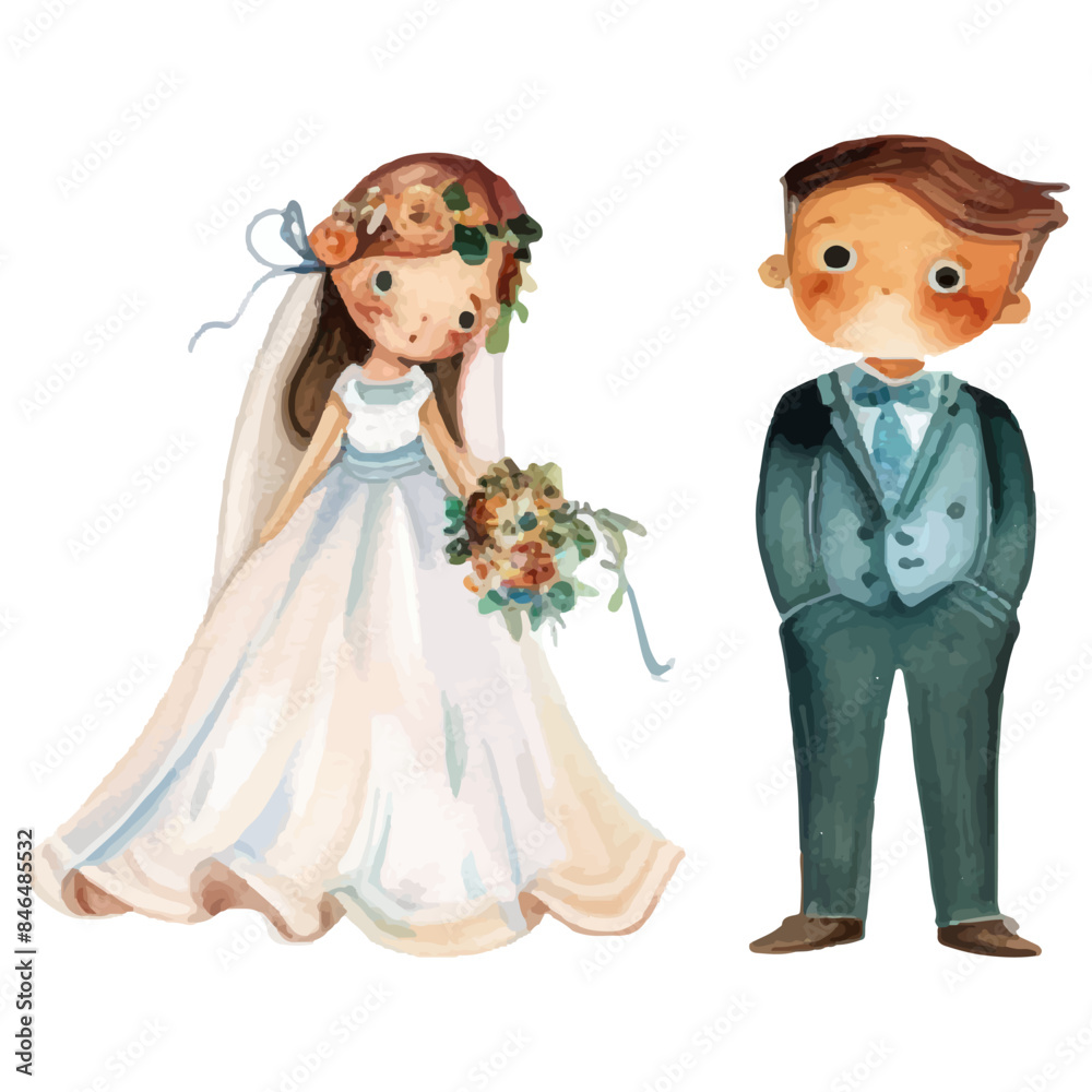cute childish wedding drawn in watercolor on white background. cute childish wedding drawn in watercolor on white background.