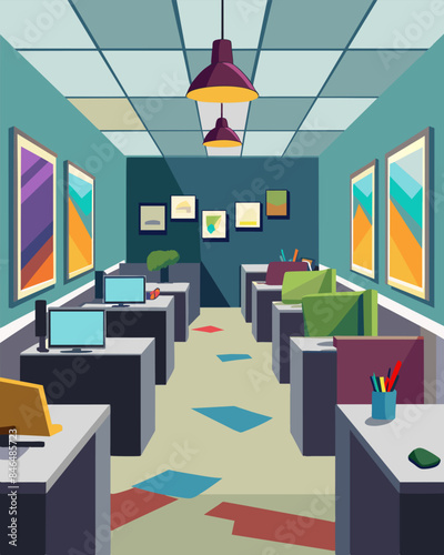The colorful walls and motivational posters that used to adorn the office have been away leaving behind a sea of empty grey cubicles.. Vector illustration