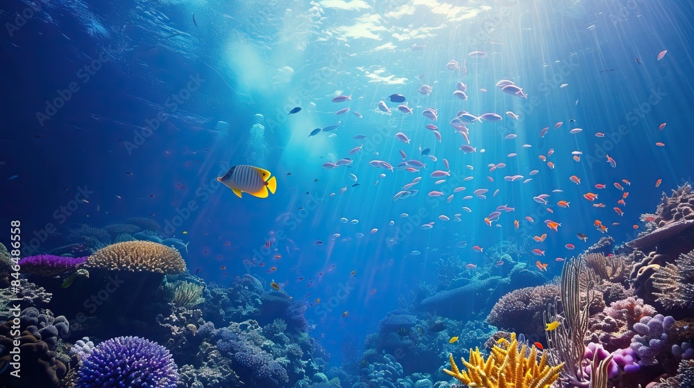 Naklejka premium A vibrant underwater scene featuring colorful coral reefs and a variety of tropical fish swimming in clear blue water with sunlight streaming through the surface.