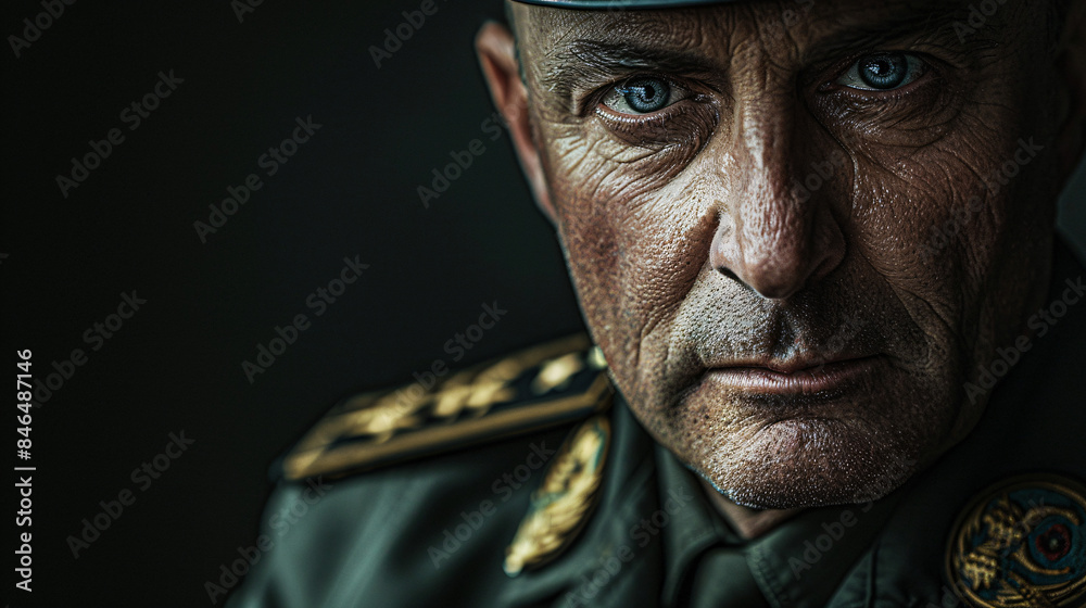 Commanding Presence: Powerful Military Officer with Stern Gaze on Blank Background for Design Messaging Commanding Presence: Powerful Military Officer with Stern Gaze on Blank Background for Design Messaging