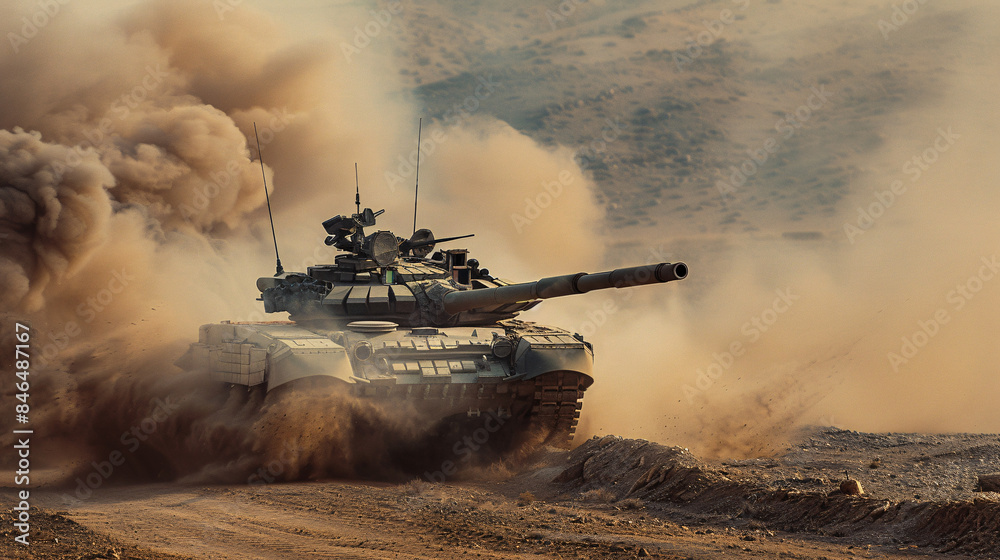 Fototapeta premium Bravery in Battle: Military Tank Advancing Through Rugged Terrain Amidst Dust and Smoke
