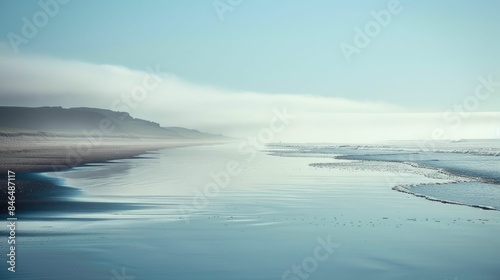 A misty beach at dawn with trees silhouetted against the sky. The horizon blends into the fluid water  creating a serene natural landscape AIG50