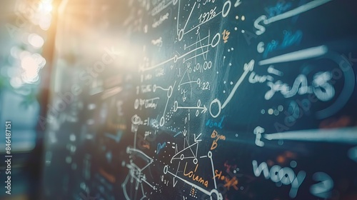 Mathematical Equations and Diagrams on a Blackboard with Soft Sunlight and Bokeh