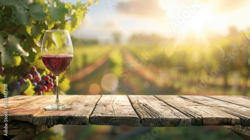 A glass of red wine on a wooden table in a picturesque vineyard at sunset, capturing the essence of wine country. Perfect for travel and lifestyle themes.