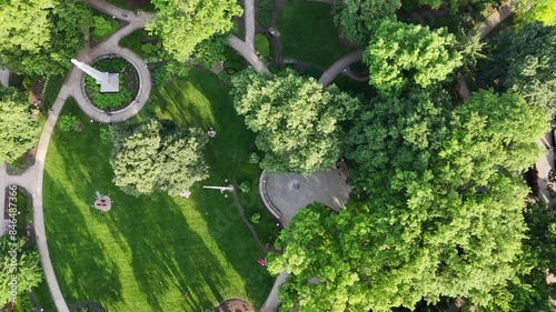 Top down drone footage of Morristown Green Park on a sunny day in Morristown town in New Jersey, USA photo