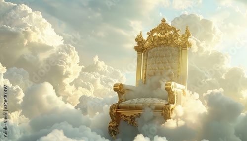 A magnificent golden throne surrounded by soft, fluffy clouds, creating a heavenly and ethereal atmosphere.