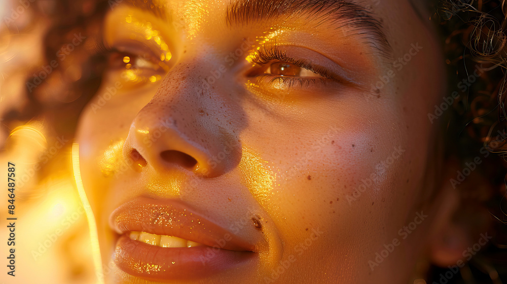 Close-Up Portrait of a Smiling Woman with Freckles Illuminated by Warm Sunlight Close-Up Portrait of a Smiling Woman with Freckles Illuminated by Warm Sunlight